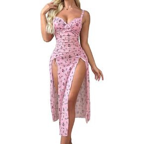 Verdusa Women's Floral Print Sheer Nightgowns Sleeveless Ruched High Split Slip Dress
