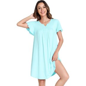 NACHILA Women's Nightgowns-Viscose Made from Bamboo, Short Sleeve Sleepwear Soft Pleated Sleep Dress Comfy V Neck Nightshirt