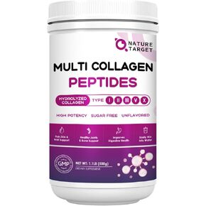 NATURE TARGET Multi Collagen Peptides Powder - Type I, II, III, V, X - Hydrolyzed Collagen Peptides with Vitamin C Hyaluronic Acid, Supports Skin Hair Nail & Joint, Grass-Fed, Non-GMO, 50 Servings