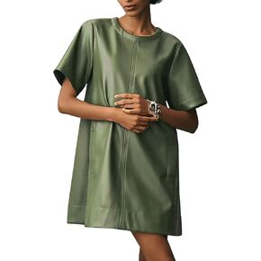 Women Faux Leather Mini Dress Short Sleeve Crew Neck A Line Flowy Swing PU Party Dress with Pockets