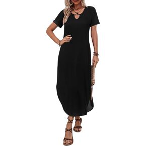 Zeagoo Womens Maxi Summer Dress with Pockets Casual Short Sleeve Sundress Trendy 2025 Curve Hem Long Dresss