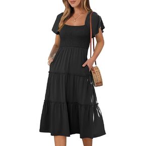 ANRABESS Women Summer Casual Square Neck Flutter Sleeve Boho Smocked A-Line Flowy Tiered Modest Midi Sun Dress with Pockets