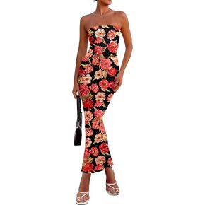 PRETTYGARDEN Women's 2025 Summer Floral Bodycon Maxi Dresses Ribbed Strapless Tube Casual Boho Party Long Dress
