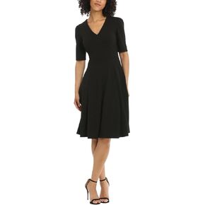 Donna Morgan Women's Dresses Stretch Crepe Elbow Sleeve V-Neck Fit and Flare Midi Dress in Kuwait