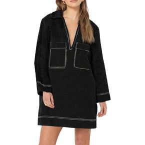 Wenrine Womens Denim Shirt Dress Long Sleeve V Neck Loose Casual Jean Mini Dress with Pockets