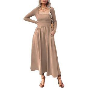 Women's Long Sleeve Maxi Dress 2024 Fall Square Neck Knit Casual Slim Swing Tank Long Dresses with Pockets