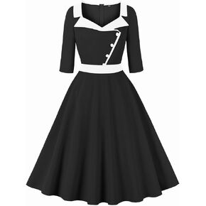 Wellwits Women's Collared Button 3/4 Sleeves 1940s Vintage Work Dress