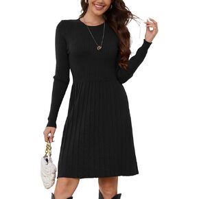 Jayscreate Women's 2024 Sweater Dress Long Sleeve Fall Winter High Waist Tunic Business Casual Mini Pleated Dress