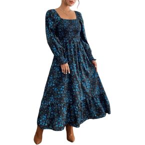 Women's Sqaure Neck Casual Floral Dress Long Sleeve Printed Maxi Dress Ruffle Shirred Flowy Dress
