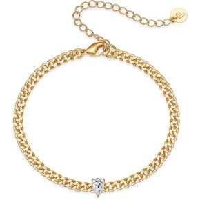 PAVOI 14K Yellow Gold Plated Cubic Zirconia Solitaire Bracelet for Women | Simulated Diamond Curb Chain Bracelet Jewelry