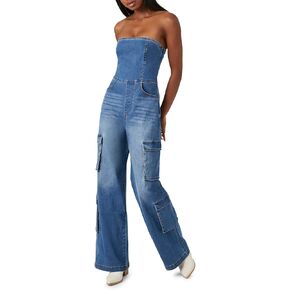 Forever 21 Womens Strapless Stretch-denim Jumpsuit