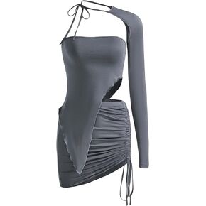 Verdusa Women's 3 Piece Outfit Y2K Tube One Shoulder Top Shrug and Drawstring Ruched Bodycon Mini Skirt Sets