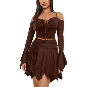 PRIVIMIX Women 2 Piece Skirt Set Sexy Fairy Off Shoulder Rave Ruffled Outfits Y2K Fairycore Corset Club Festival Dress
