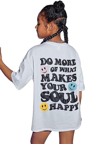 Girl's Letter Print Graphic T Shirts Short Sleeve Cute Shirts Oversized Loose Tee Summer Tops in Kuwait