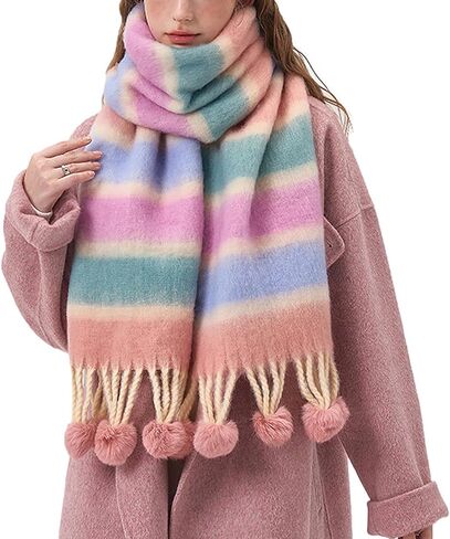 Blanket Scarf for Women Winter Long Shawl Oversized Thick Warm Wrap Coloured Striped Scarf with Tassels in Kuwait