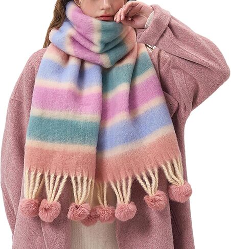 Blanket Scarf for Women Winter Long Shawl Oversized Thick Warm Wrap Coloured Striped Scarf with Tassels in Kuwait