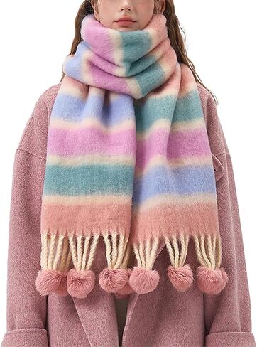 Blanket Scarf for Women Winter Long Shawl Oversized Thick Warm Wrap Coloured Striped Scarf with Tassels in Kuwait