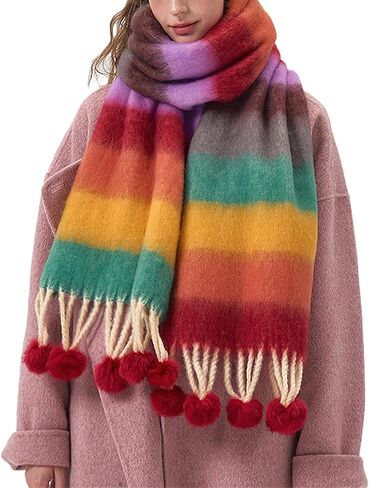 Blanket Scarf for Women Winter Long Shawl Oversized Thick Warm Wrap Coloured Striped Scarf with Tassels in Kuwait