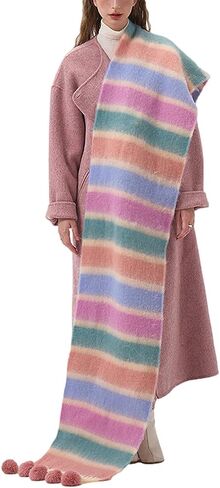 Blanket Scarf for Women Winter Long Shawl Oversized Thick Warm Wrap Coloured Striped Scarf with Tassels in Kuwait