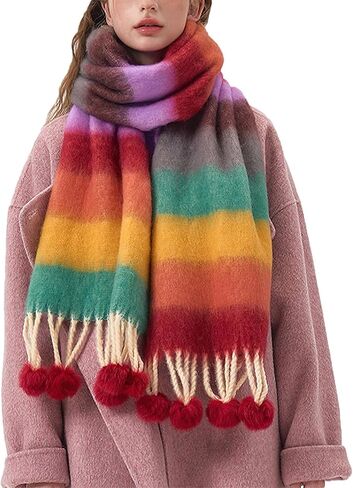 Blanket Scarf for Women Winter Long Shawl Oversized Thick Warm Wrap Coloured Striped Scarf with Tassels in Kuwait