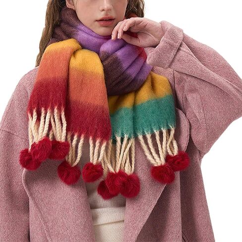 Blanket Scarf for Women Winter Long Shawl Oversized Thick Warm Wrap Coloured Striped Scarf with Tassels in Kuwait