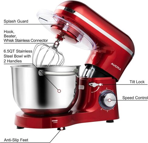 Aucma Stand Mixer,6.5-QT 660W 6-Speed Tilt-Head Food Mixer, Kitchen Electric Mixer with Dough Hook, Wire Whip & Beater (Black, 6.5QT) in Kuwait
