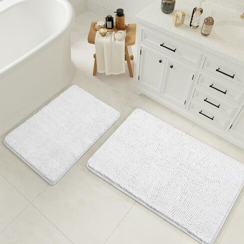 LOCHAS Bathroom Rugs Sets 2 Piece, 17 x 24 Plus 20 x 32 Inches Thick Non Slip Bath Rug Set, Absorbent Soft Chenille Bathroom Rug, Machine Washable Quick Dry Bath Mat for Bathroom Floor, White in Saudi Arabia