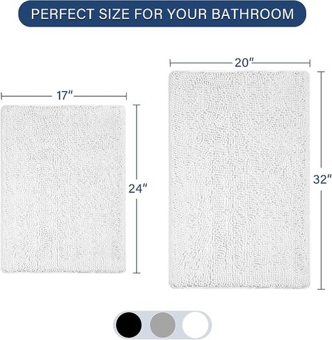 LOCHAS Bathroom Rugs Sets 2 Piece, 17 x 24 Plus 20 x 32 Inches Thick Non Slip Bath Rug Set, Absorbent Soft Chenille Bathroom Rug, Machine Washable Quick Dry Bath Mat for Bathroom Floor, White in Saudi Arabia