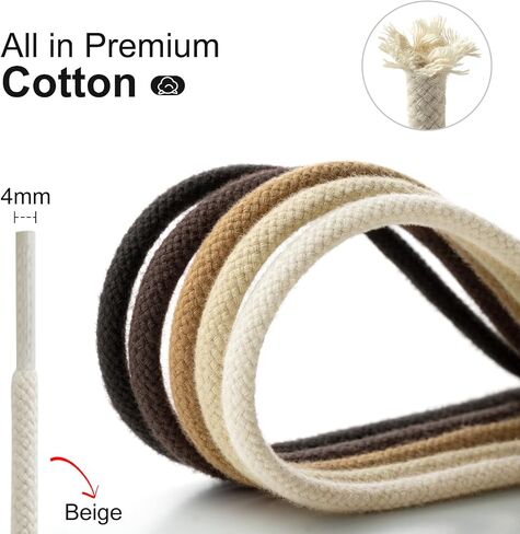 Handshop 2 pairs round cotton shoe laces for sneakers, 4 mm anti-slip round laces for athletic shoes, boots in Saudi Arabia