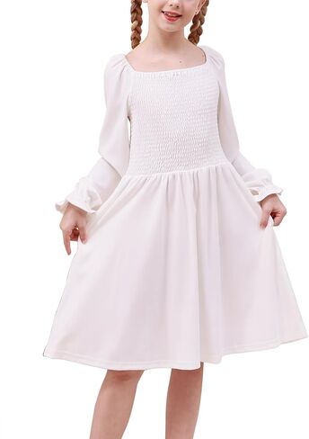 GORLYA Girls Long Puff Sleeve Square Neck Boho Frilly Smocked Shirred Flared Midi Dress 4-14T in Kuwait