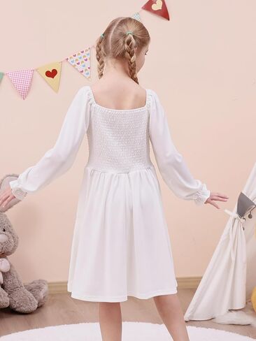 GORLYA Girls Long Puff Sleeve Square Neck Boho Frilly Smocked Shirred Flared Midi Dress 4-14T in Kuwait