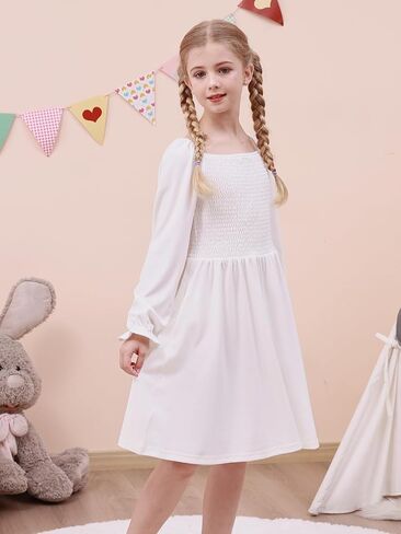 GORLYA Girls Long Puff Sleeve Square Neck Boho Frilly Smocked Shirred Flared Midi Dress 4-14T in Kuwait