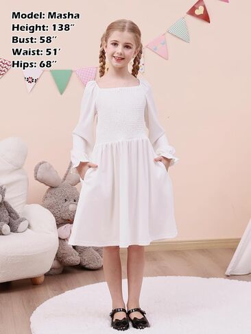 GORLYA Girls Long Puff Sleeve Square Neck Boho Frilly Smocked Shirred Flared Midi Dress 4-14T in Kuwait