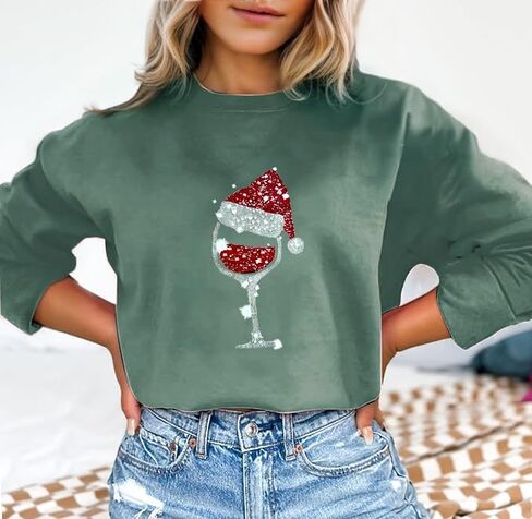 Women Christmas Sweatshirt Funny Red Wine Glass Christmas Shirt Xmas Santa Hat Graphic Pullover Blouse Tops in Saudi Arabia
