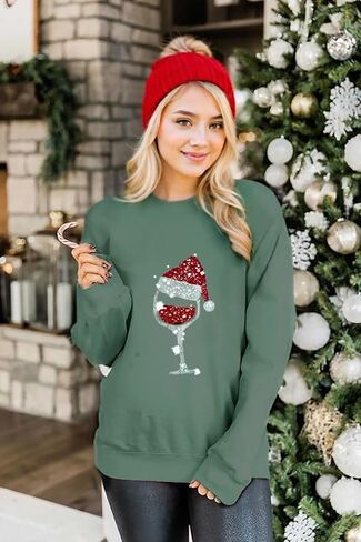 Women Christmas Sweatshirt Funny Red Wine Glass Christmas Shirt Xmas Santa Hat Graphic Pullover Blouse Tops in Saudi Arabia