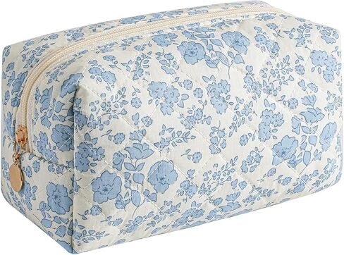 Gleyemor Small Quilted Makeup Bag for Women, Cute Floral Cotton Cosmetic Bag, Travel Toiletry Bag Period Bag Essentials Bag Gifts for Her Mom Friend Sister Bridesmaid (Blue Floral) in Saudi Arabia