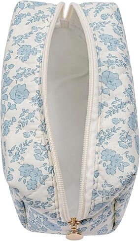 Gleyemor Small Quilted Makeup Bag for Women, Cute Floral Cotton Cosmetic Bag, Travel Toiletry Bag Period Bag Essentials Bag Gifts for Her Mom Friend Sister Bridesmaid (Blue Floral) in Saudi Arabia