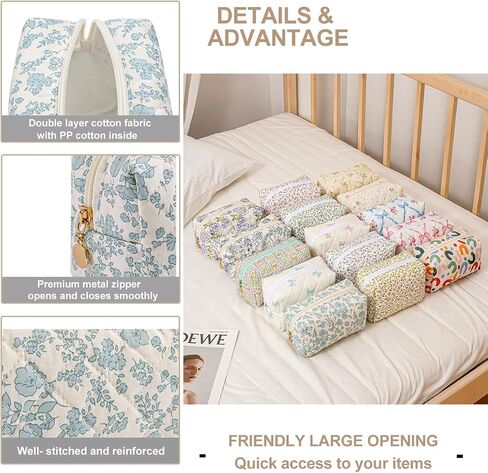 Gleyemor Small Quilted Makeup Bag for Women, Cute Floral Cotton Cosmetic Bag, Travel Toiletry Bag Period Bag Essentials Bag Gifts for Her Mom Friend Sister Bridesmaid (Blue Floral) in Saudi Arabia