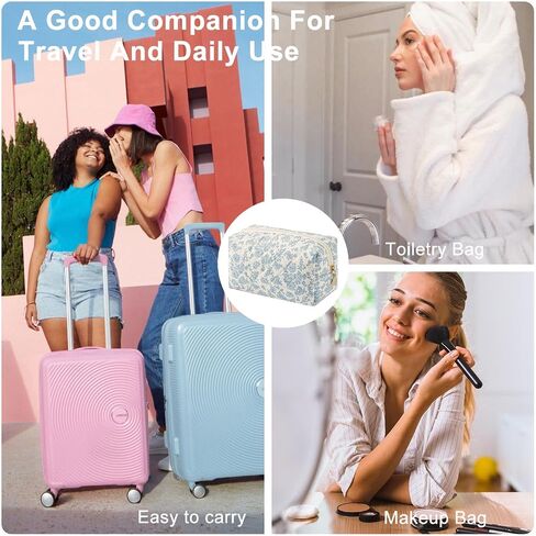 Gleyemor Small Quilted Makeup Bag for Women, Cute Floral Cotton Cosmetic Bag, Travel Toiletry Bag Period Bag Essentials Bag Gifts for Her Mom Friend Sister Bridesmaid (Blue Floral) in Saudi Arabia