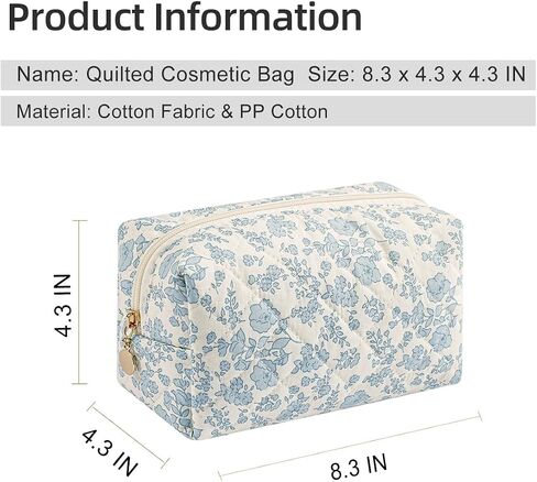 Gleyemor Small Quilted Makeup Bag for Women, Cute Floral Cotton Cosmetic Bag, Travel Toiletry Bag Period Bag Essentials Bag Gifts for Her Mom Friend Sister Bridesmaid (Blue Floral) in Saudi Arabia