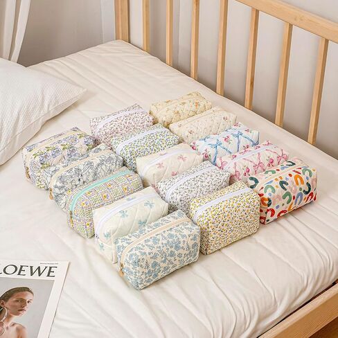 Gleyemor Small Quilted Makeup Bag for Women, Cute Floral Cotton Cosmetic Bag, Travel Toiletry Bag Period Bag Essentials Bag Gifts for Her Mom Friend Sister Bridesmaid (Blue Floral) in Saudi Arabia
