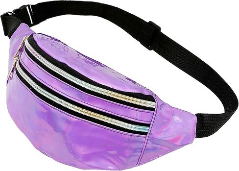 Metallic Color Holographic Fanny Pack Shiny Waist Packs Waterproof Belt Bag with Adjustable Belt for Women Men (Black) in Saudi Arabia