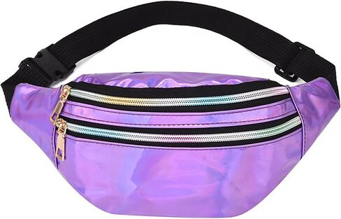 Metallic Color Holographic Fanny Pack Shiny Waist Packs Waterproof Belt Bag with Adjustable Belt for Women Men (Black) in Saudi Arabia