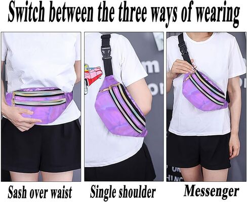 Metallic Color Holographic Fanny Pack Shiny Waist Packs Waterproof Belt Bag with Adjustable Belt for Women Men (Black) in Saudi Arabia
