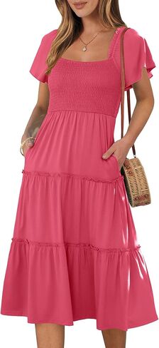 ANRABESS Women Summer Casual Square Neck Flutter Sleeve Boho Smocked A-Line Flowy Tiered Modest Midi Sun Dress with Pockets in Saudi Arabia