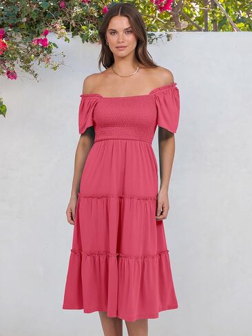 ANRABESS Women Summer Casual Square Neck Flutter Sleeve Boho Smocked A-Line Flowy Tiered Modest Midi Sun Dress with Pockets in Saudi Arabia