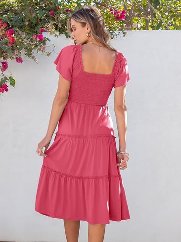 ANRABESS Women Summer Casual Square Neck Flutter Sleeve Boho Smocked A-Line Flowy Tiered Modest Midi Sun Dress with Pockets in Saudi Arabia