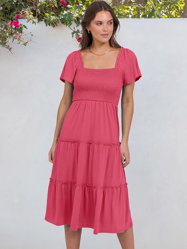 ANRABESS Women Summer Casual Square Neck Flutter Sleeve Boho Smocked A-Line Flowy Tiered Modest Midi Sun Dress with Pockets in Saudi Arabia