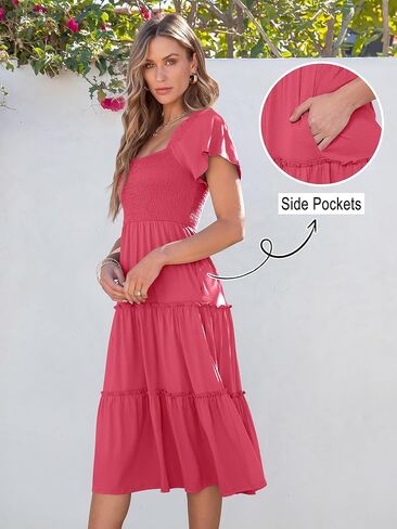 ANRABESS Women Summer Casual Square Neck Flutter Sleeve Boho Smocked A-Line Flowy Tiered Modest Midi Sun Dress with Pockets in Saudi Arabia