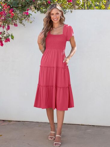 ANRABESS Women Summer Casual Square Neck Flutter Sleeve Boho Smocked A-Line Flowy Tiered Modest Midi Sun Dress with Pockets in Saudi Arabia